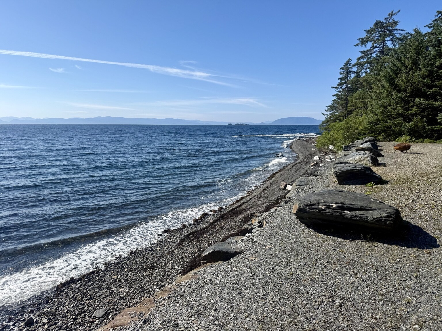 Private beach access and shoreline beside the cabin
